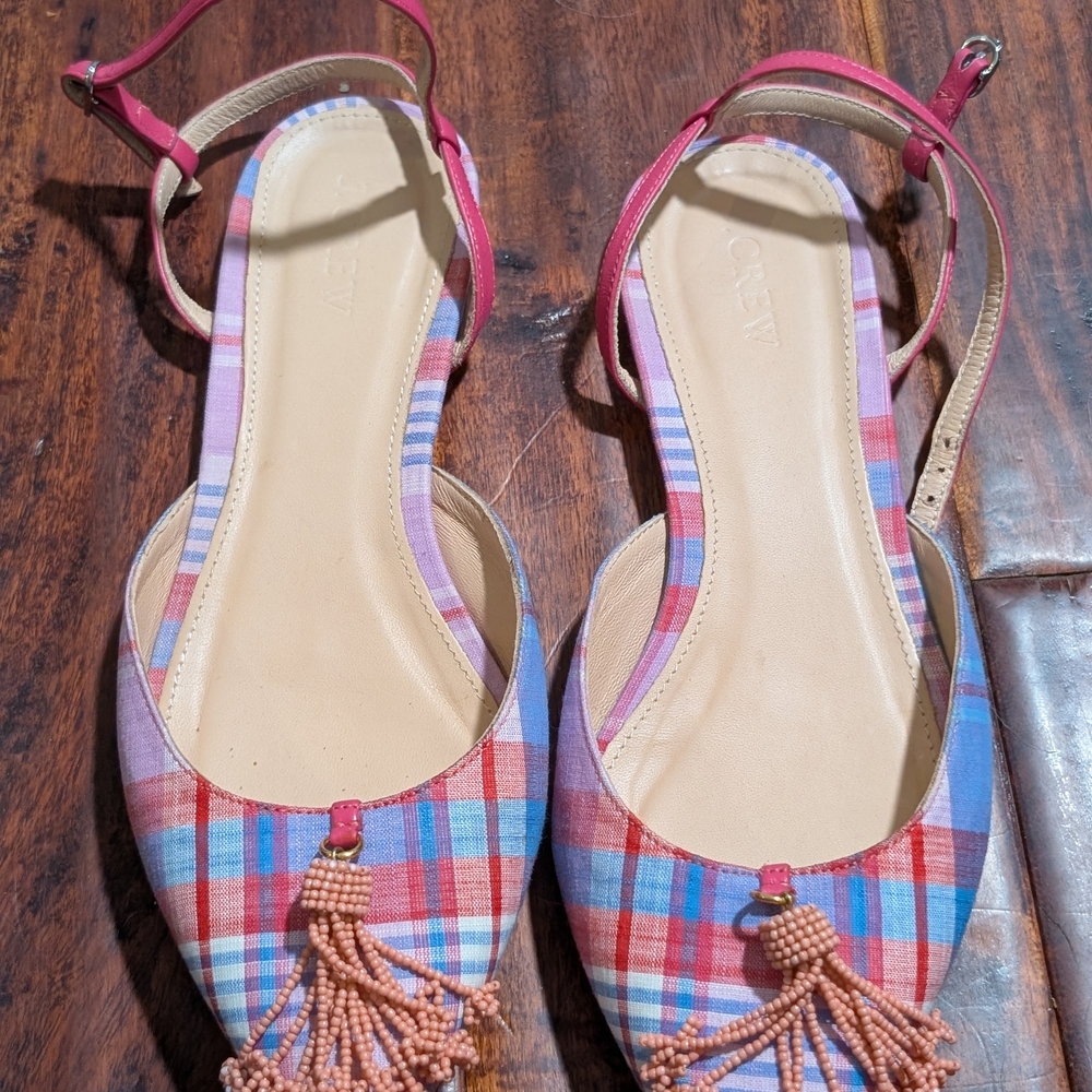 J. Crew Women's Plaid Sandals with Tassels - Red Pink and Blue